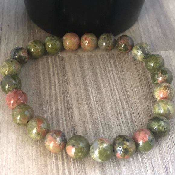 Unakite Natural Stone Beads Stretchable Bracelet 7" - 8mm Beads - Picture 2 of 2